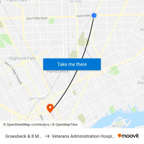 Groesbeck & 8 Mile to Veterans Administration Hospital map