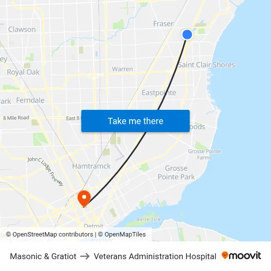Masonic & Gratiot to Veterans Administration Hospital map
