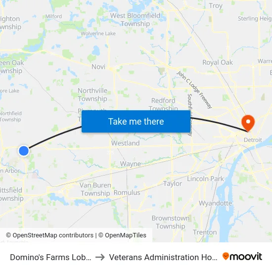 Domino's Farms Lobby C to Veterans Administration Hospital map