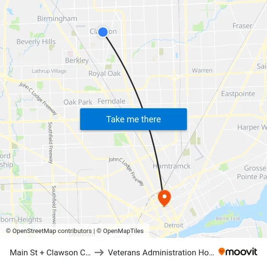 Main St + Clawson City H to Veterans Administration Hospital map