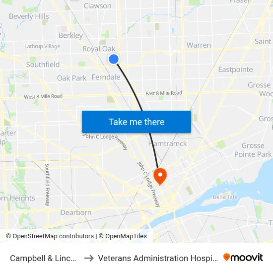 Campbell & Lincoln to Veterans Administration Hospital map