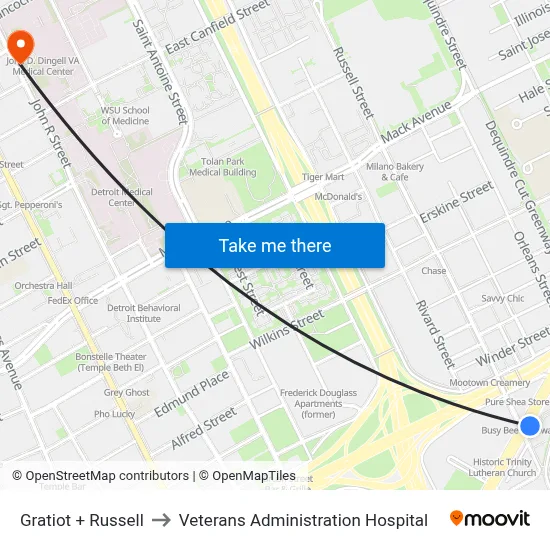 Gratiot + Russell to Veterans Administration Hospital map
