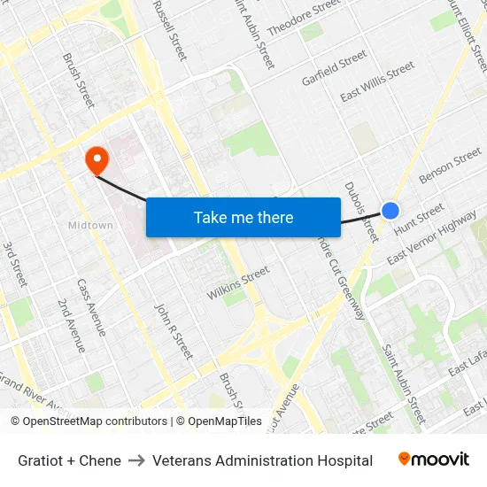 Gratiot + Chene to Veterans Administration Hospital map