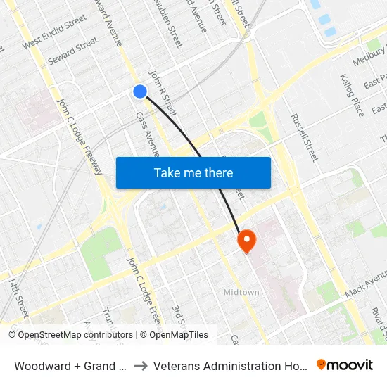 Woodward + Grand Blvd to Veterans Administration Hospital map
