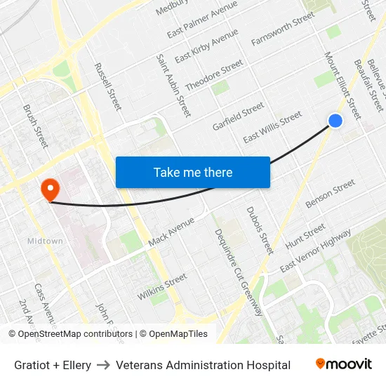 Gratiot + Ellery to Veterans Administration Hospital map