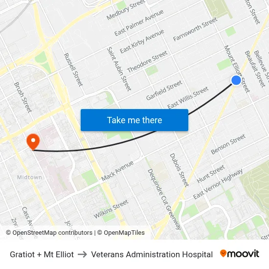 Gratiot + Mt Elliot to Veterans Administration Hospital map
