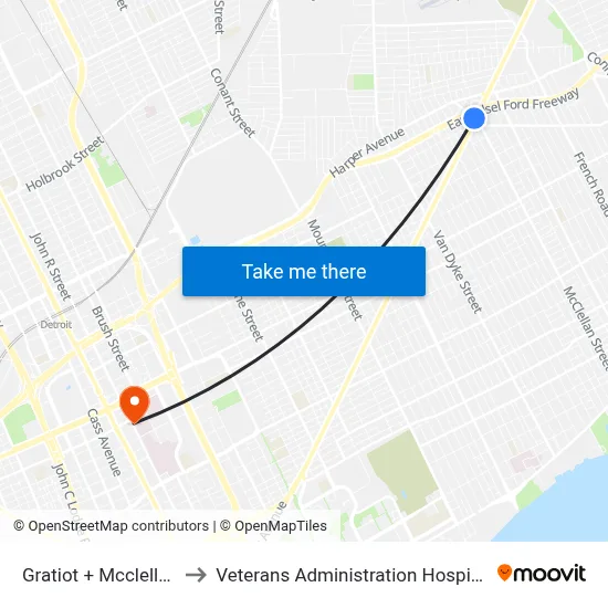 Gratiot + Mcclellan to Veterans Administration Hospital map