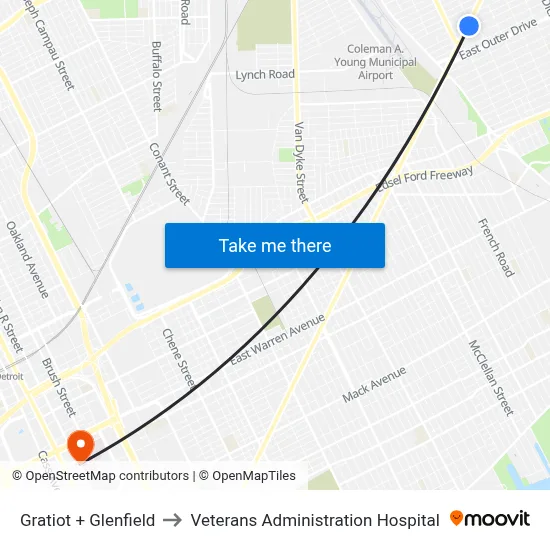 Gratiot + Glenfield to Veterans Administration Hospital map