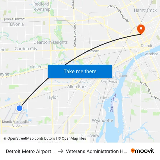 Detroit Metro Airport 2588 to Veterans Administration Hospital map