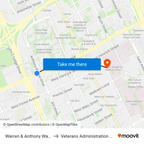 Warren & Anthony Wayne Dr to Veterans Administration Hospital map