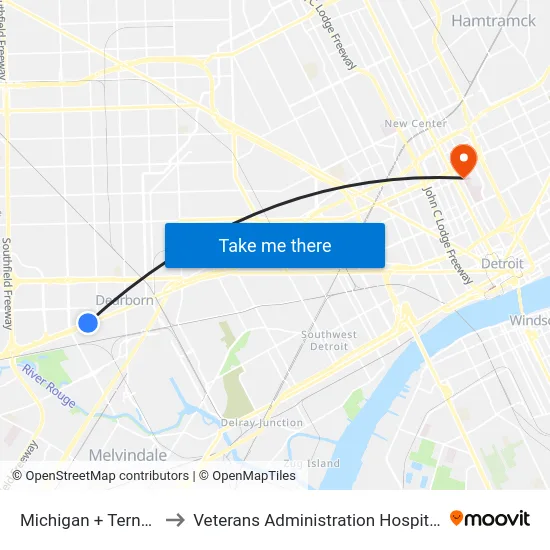 Michigan & Ternes to Veterans Administration Hospital map