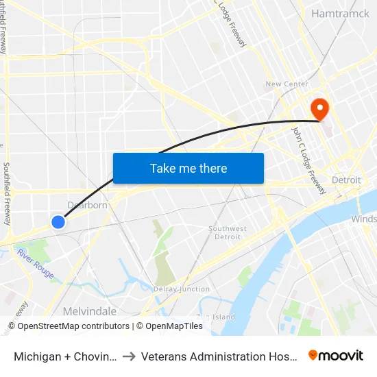 Michigan & Chovin to Veterans Administration Hospital map