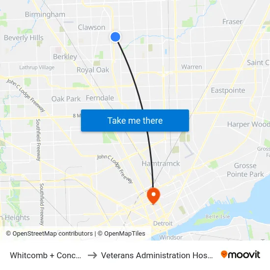 Whitcomb  + Concord to Veterans Administration Hospital map