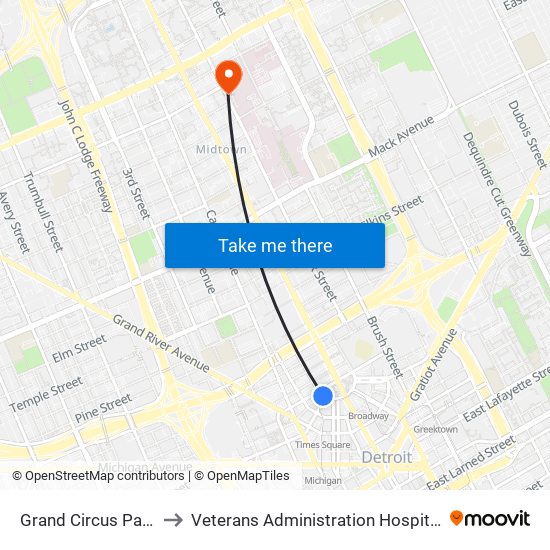 Grand Circus Park to Veterans Administration Hospital map