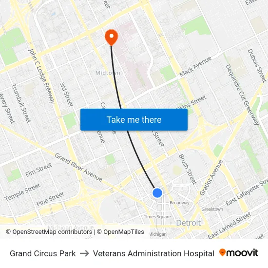 Grand Circus Park to Veterans Administration Hospital map
