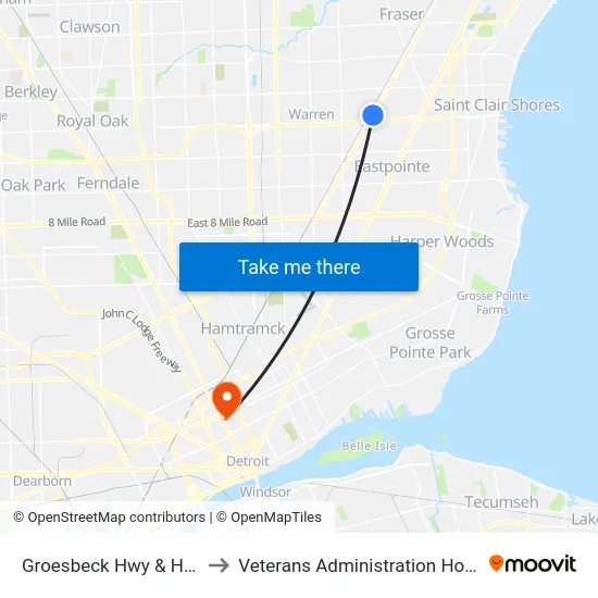 Groesbeck Hwy & Hayes to Veterans Administration Hospital map