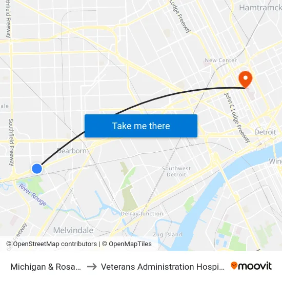 Michigan & Rosalie to Veterans Administration Hospital map