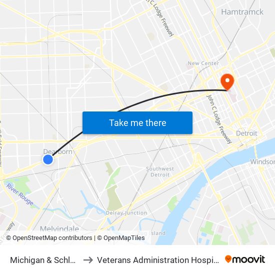 Michigan & Schlaff to Veterans Administration Hospital map