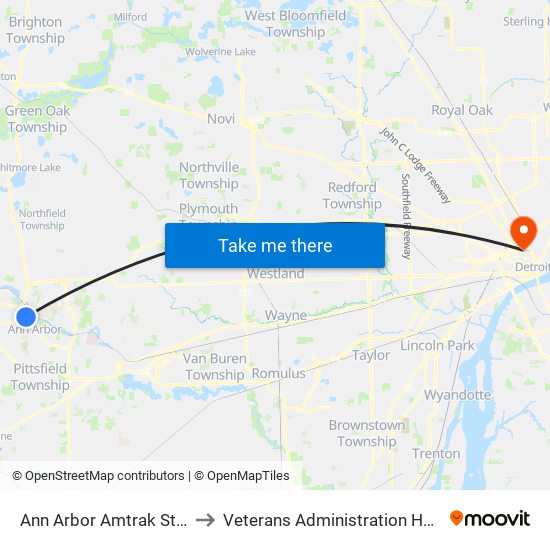 Ann Arbor Amtrak Station to Veterans Administration Hospital map