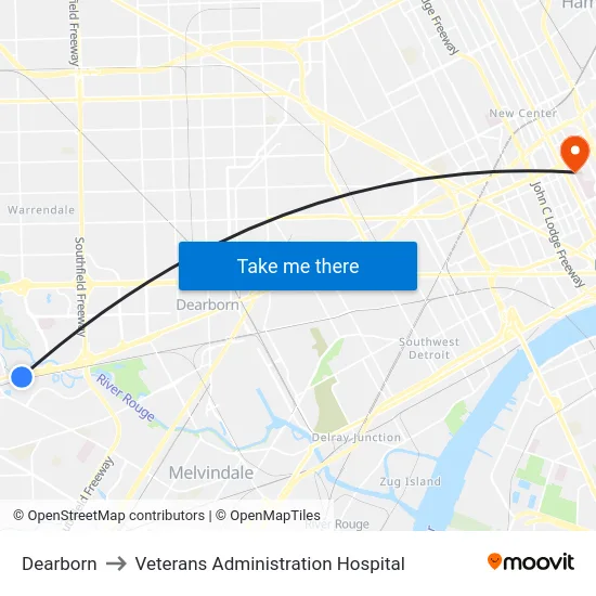 Dearborn to Veterans Administration Hospital map