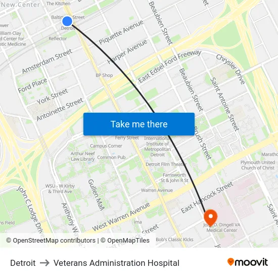 Detroit to Veterans Administration Hospital map