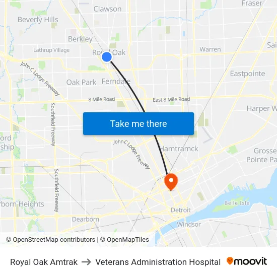 Royal Oak Amtrak to Veterans Administration Hospital map