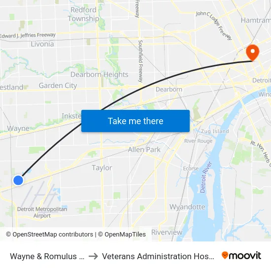 Wayne @ Romulus High School to Veterans Administration Hospital map
