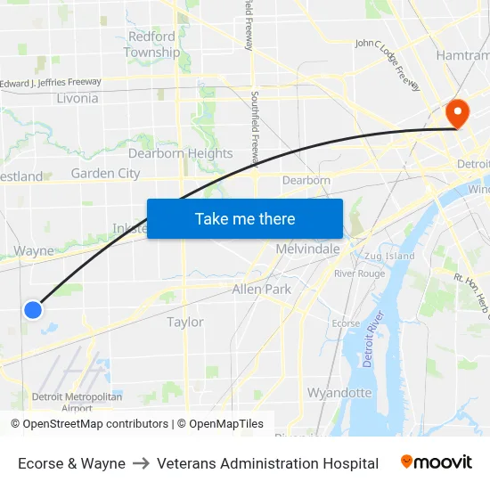 Ecorse & Wayne to Veterans Administration Hospital map