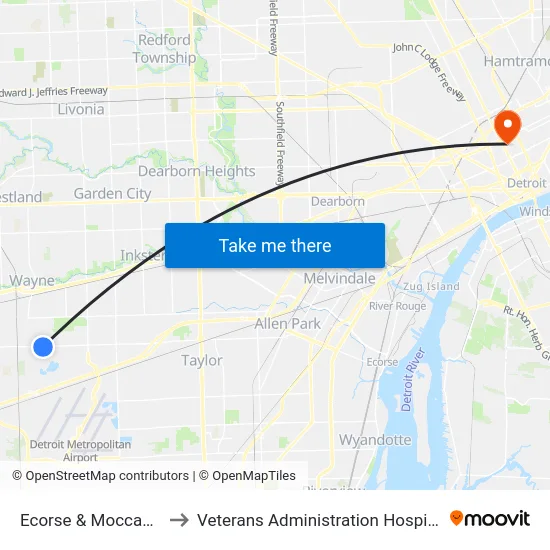 Ecorse & Moccasin to Veterans Administration Hospital map