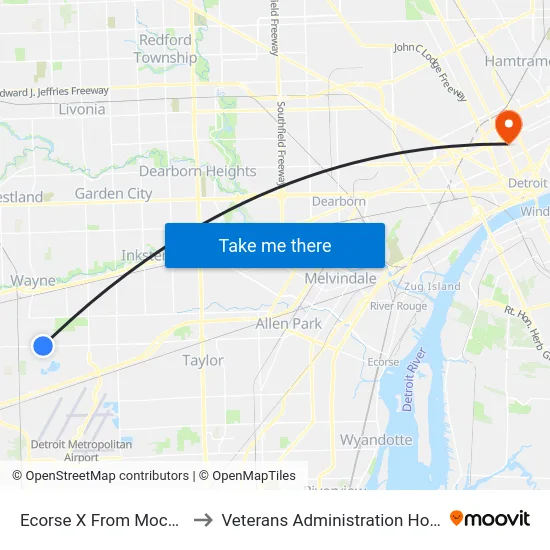 Ecorse @ Moccasin to Veterans Administration Hospital map
