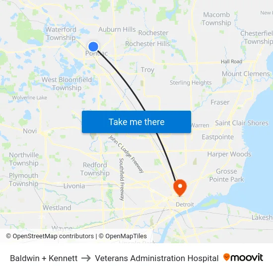 Baldwin + Kennett to Veterans Administration Hospital map