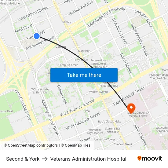 Second & York to Veterans Administration Hospital map