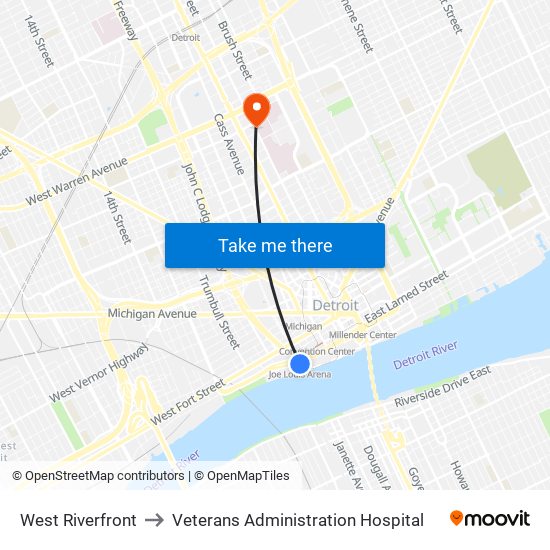 West Riverfront to Veterans Administration Hospital map