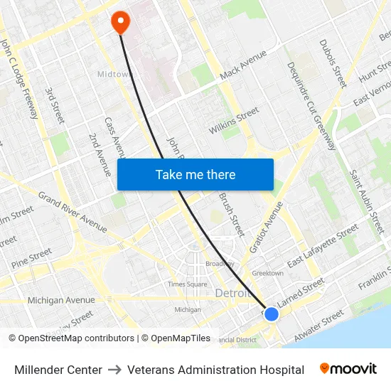 Millender Center to Veterans Administration Hospital map