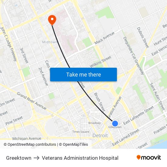 Greektown to Veterans Administration Hospital map