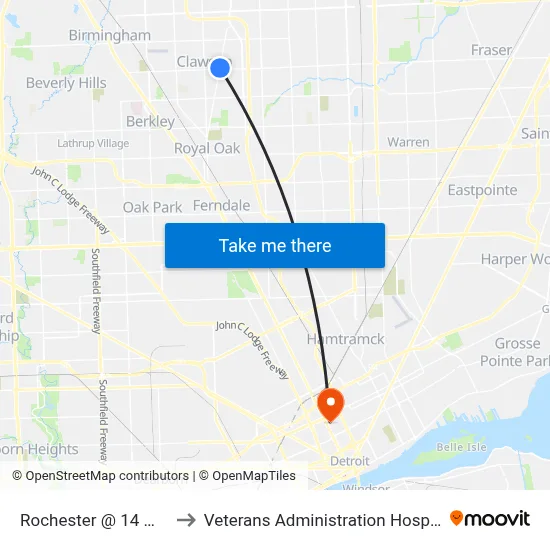 Rochester @ 14 Mile to Veterans Administration Hospital map
