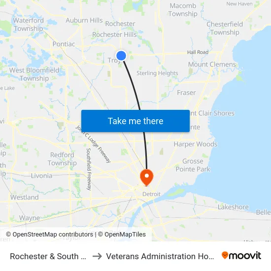 Rochester & South Boulevard to Veterans Administration Hospital map
