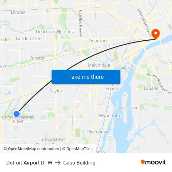 Detroit Airport DTW to Cass Building map