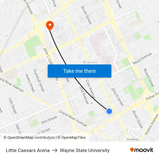 Little Caesars Arena to Wayne State University map