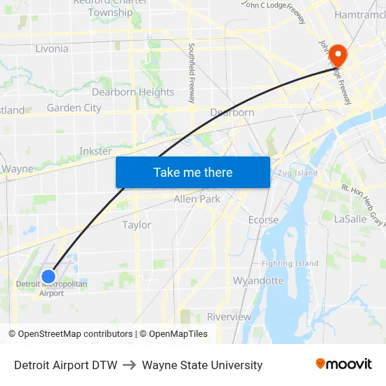 Detroit Airport DTW to Wayne State University map