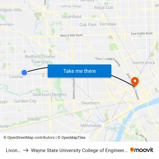 Livonia to Wayne State University College of Engineering map