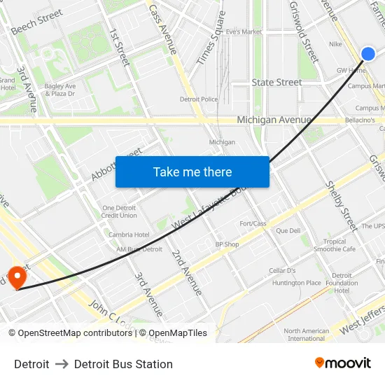 Detroit to Detroit Bus Station map