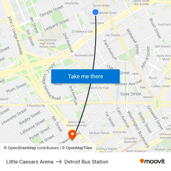 Little Caesars Arena to Detroit Bus Station map