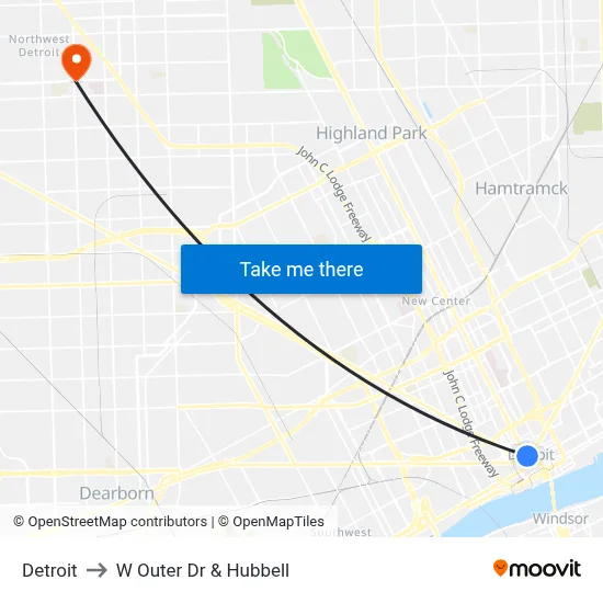 Detroit to W Outer Dr & Hubbell map