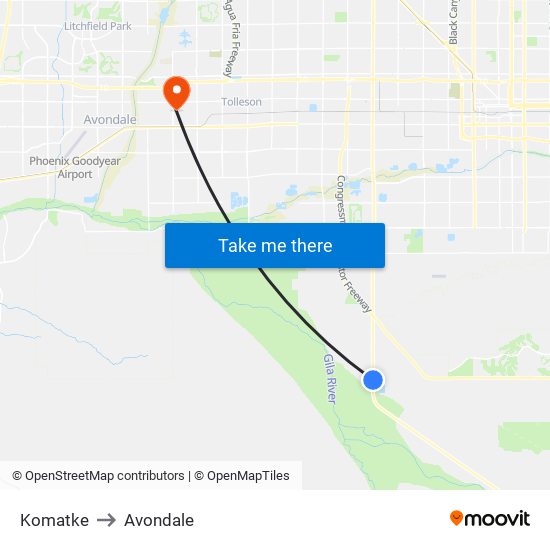 Komatke to Avondale map