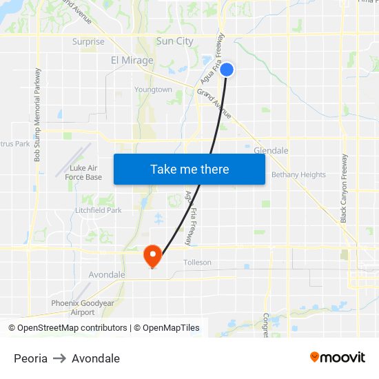 Peoria to Avondale map