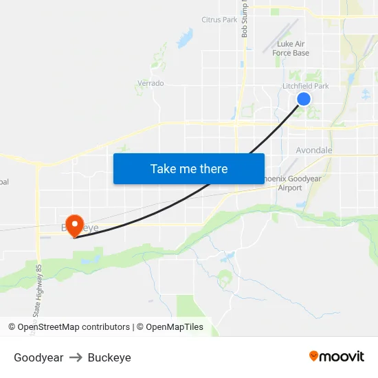 Goodyear to Buckeye map