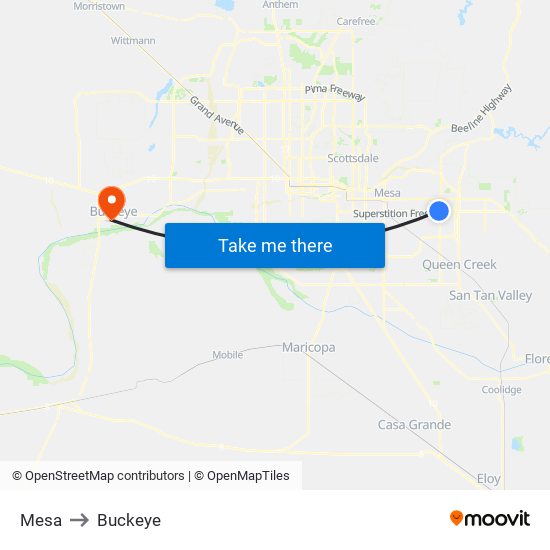 Mesa to Buckeye map