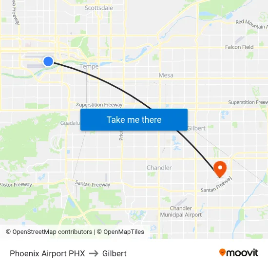 Phoenix Airport PHX to Gilbert map