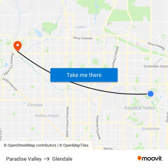 Paradise Valley to Glendale map